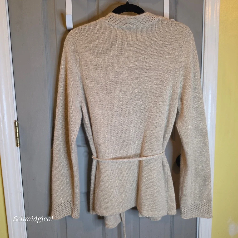 Sarah Spencer Lambswool Angora Belted Cardigan Sweater Beige Metallic XL